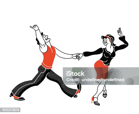 istock Dancing seniors. Happy old people have fun. Active pensioners.Retro red color.Couple silhouettes dancing swing, rock or lindy hop. Simple vector print 925272876