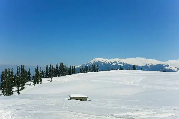 Photo of A house among the snowy valley.