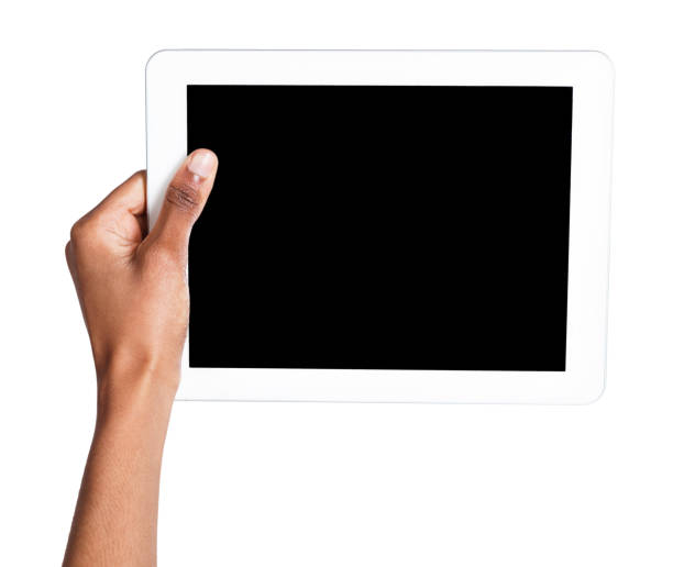 schwarze frau mit digital-tablette isoliert - touchpad laptop computer software human finger stock-fotos und bilder