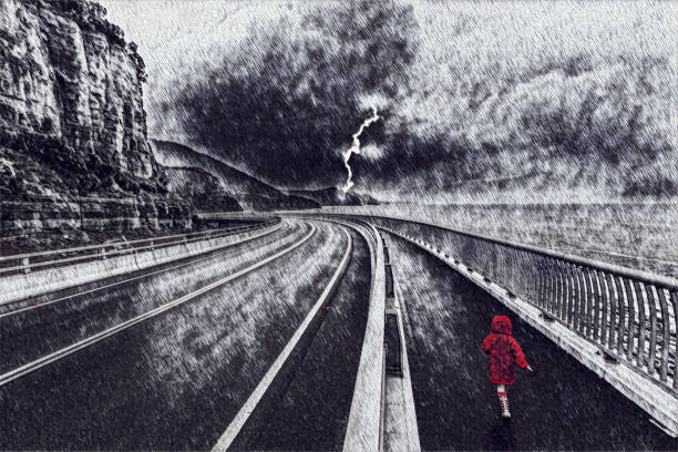 criança correndo em uma enorme ponte durante tempestade - arte digital estilizada - pacific highway australia - fotografias e filmes do acervo