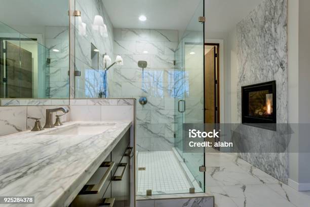 Incredible Marble Bathroom With Fireplace Stock Photo - Download Image Now - Bathroom, Marble - Rock, Fireplace