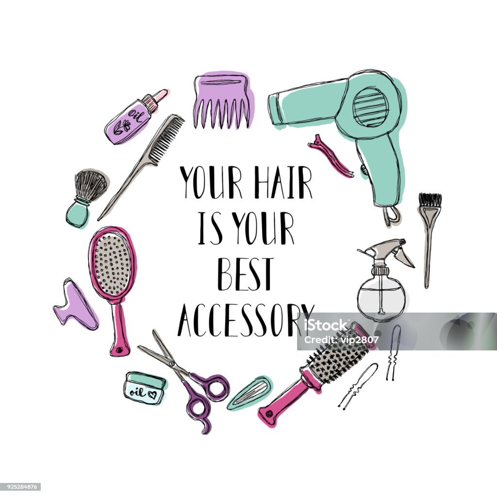 Accessories for the hairdresser s. Motivational quote Your hair is your best accessory Accessories for the hairdresser s. Motivational quote Your hair is your best accessory. Lettering. Hair Salon stock vector