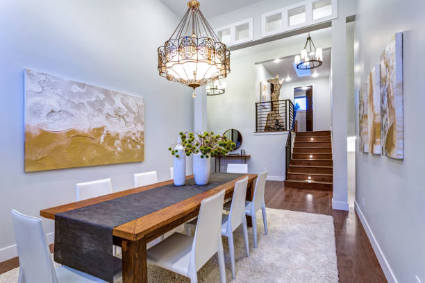 istock New custom built home boasts spacious dining area with high ceiling 925285056