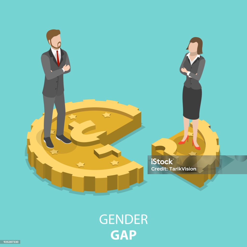 Gender gap flat isometric vector concept. Gender gap flat isometric vector concept. Man and woman are standing on the parts of the one coin. Mans part is bigger than womens one. Wages stock vector