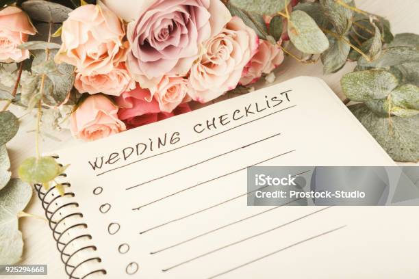 Wedding Checklist And Rose Bouquet Stock Photo - Download Image Now - Wedding, Planning, Checklist