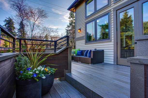 New construction home exterior boasts luxury deck stock photo