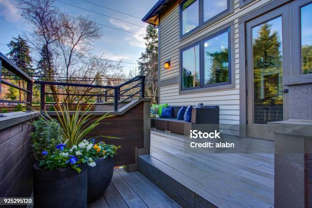 New Construction Home Exterior Boasts Luxury Deck Stock Photo - Download Image Now - Customized, Deck, Porch