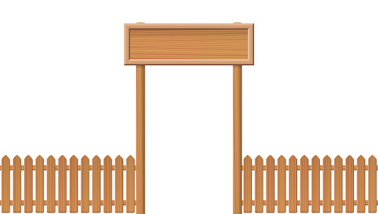 Entrance gate with blank sign and wooden fence - isolated vector illustration on white background.