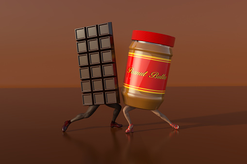 High resolution digital image of a bar of chocolate dancing with a jar of peanut butter.  Both objects have human legs, are wearing fancy shoes, and are dancing on a semi reflective brown background that evokes the color tonality of both ingredients.