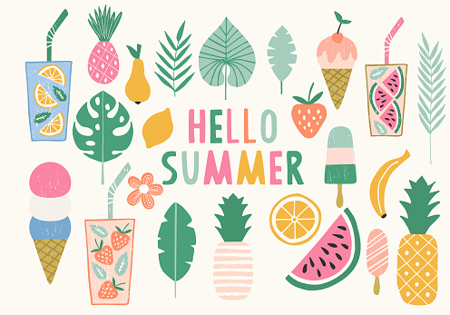 Collection of summer illustration. Ice cream, pineapple, lemonade icons. Vector. Isolated.