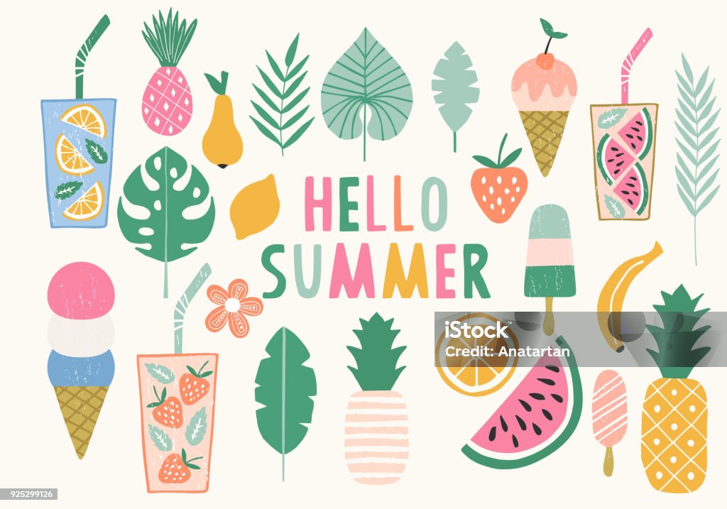 Collection of summer illustration. Ice cream, pineapple, lemonade icons. Vector. Isolated. Summer stock vector