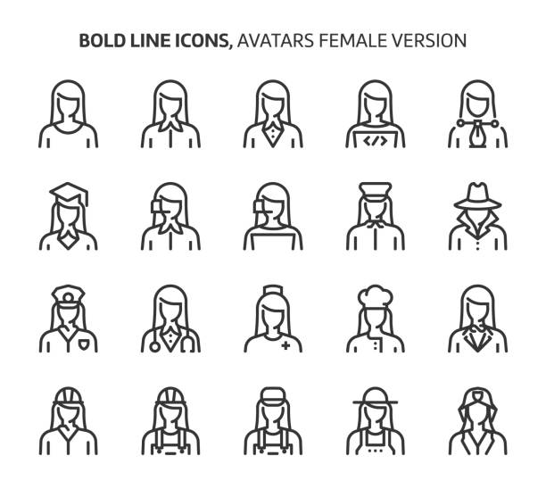 Female avatars, bold line icons Female avatars, bold line icons. The illustrations are a vector, editable stroke, 48x48 pixel perfect files. Crafted with precision and eye for quality. 999 call center stock illustrations