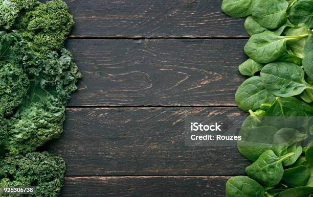 Leaves Of Raw Kaleand Spinach Above View Stock Photo - Download Image Now - Spinach, Above, Backgrounds