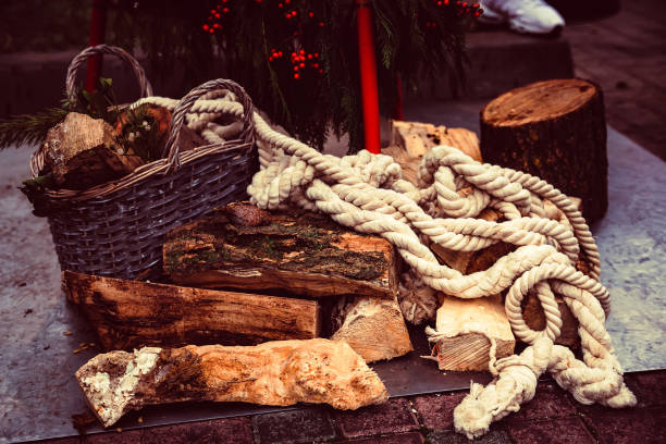 istock Decorative firewood and rope Christmas composition 925307548