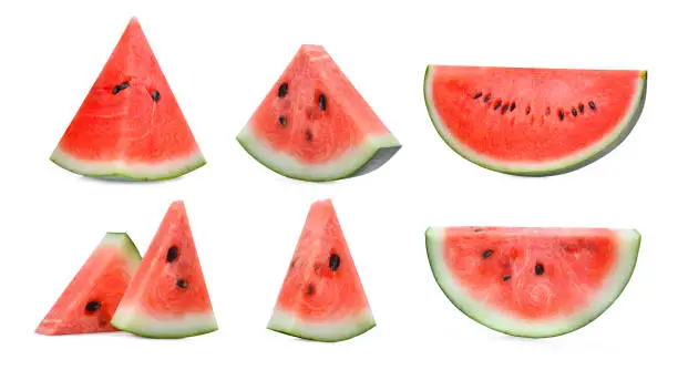 set of sliced red watermelon isolated on white background