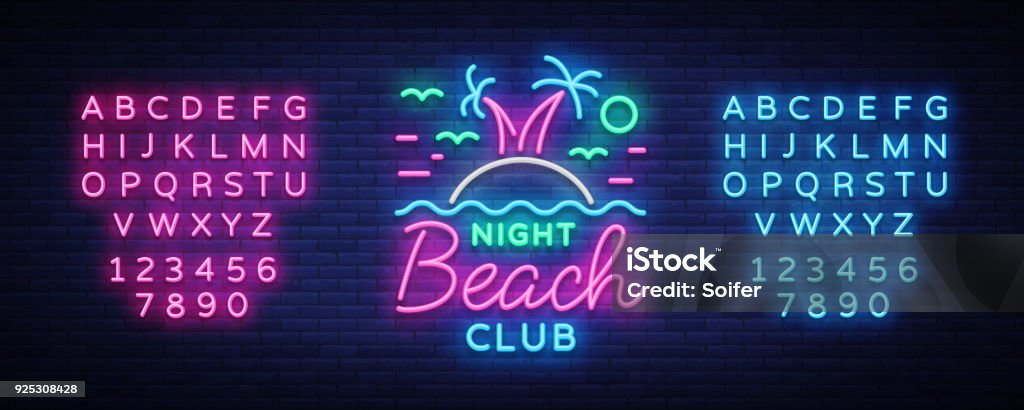 Beach Club Neon Sign. Logo in Neon-Stil, Symbol, Design-Vorlage für Diskothek, Night Party Werbung, Diskotheken, Feier. Neon-Banner. Sommer. Vektor-Illustration. Bearbeiten von Text-Leuchtreklame - Lizenzfrei Neon Vektorgrafik