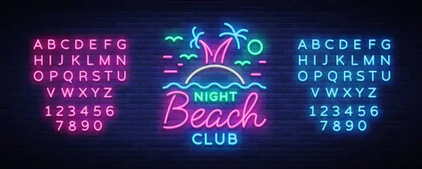 Vector illustration of Beach nightclub neon sign. Logo in Neon Style, Symbol, Design Template for Nightclub, Night Party Advertising, Discos, Celebration. Neon banner. Summer. Vector illustration. Editing text neon sign