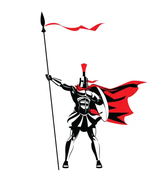 Vector illustration of Spartan warrior in a helmet, with a spear and a shield.