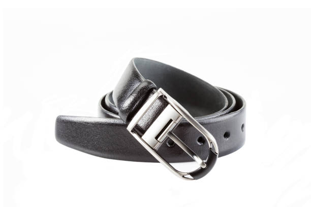 istock leather belt male with metal buckle, twisted on white background 925315210