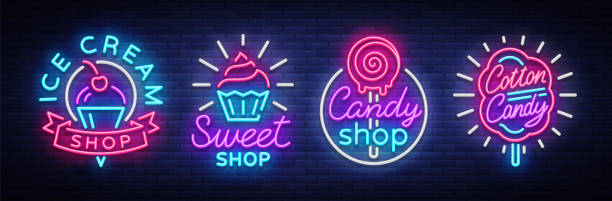 sweets shop to kolekcja logo w stylu neonowym. lodziarnia, wata cukrowa. kolekcja cukierków neonowe znaki, baner świetlny, jasna neonowa reklama słodząca. szablon projektu. ilustracja wektorowa - sweetening stock illustrations