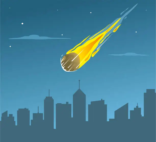 Vector illustration of Falling asteroid on city