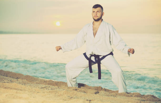 istock Brunette male doing karate at ocean quay 925320982