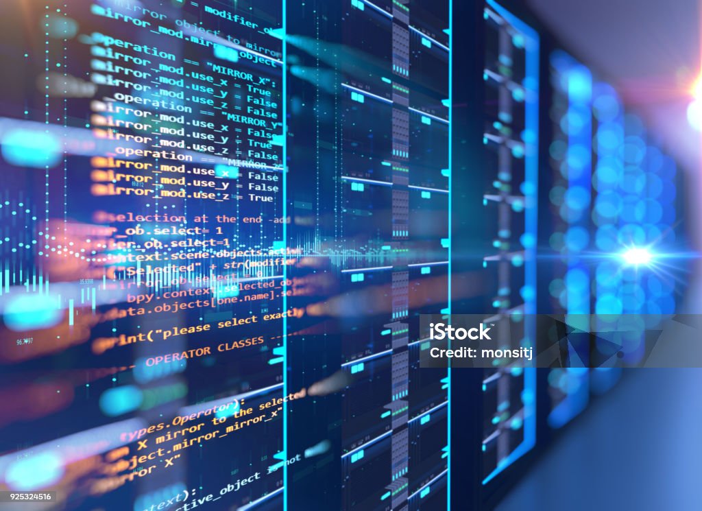 server room 3d illustration with programming data  design element. server room 3d illustration with programming data  design element.,concept of big data storage and  cloud computing  Network Server Stock Photo