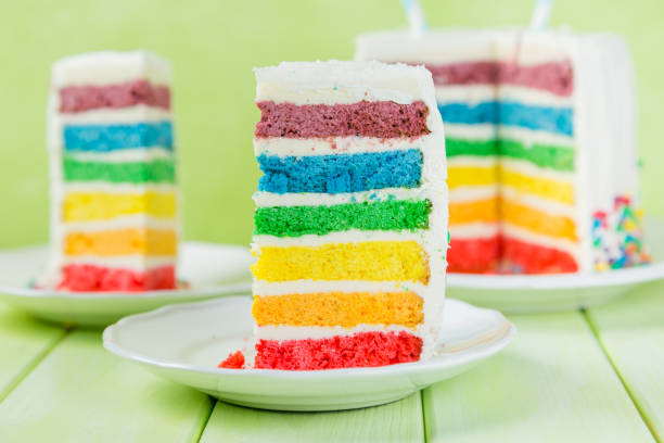 istock Birthday background - striped rainbow cake with white frosting 925328216