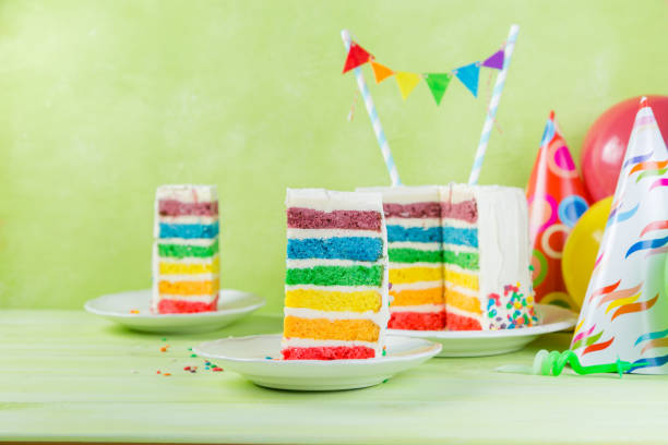 istock Birthday background - striped rainbow cake with white frosting 925328248