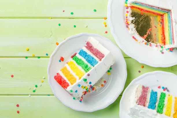 istock Birthday background - striped rainbow cake with white frosting 925328398