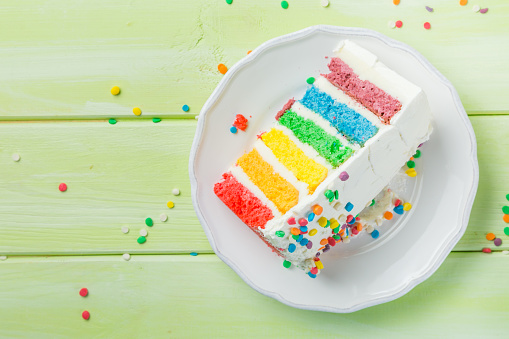 Birthday background - striped rainbow cake with white frosting decorations, copy space