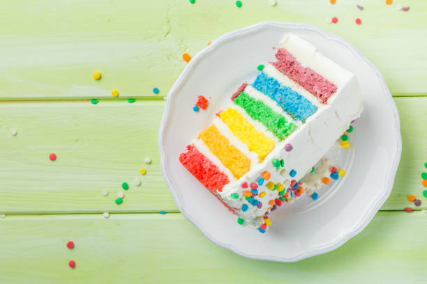 Birthday background - striped rainbow cake with white frosting Birthday background - striped rainbow cake with white frosting decorations, copy space birthday cake green stock pictures, royalty-free photos & images