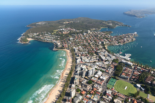 Aerial view of the beach and bay at Fingal Bay in Port Stephens, NSW, Australia