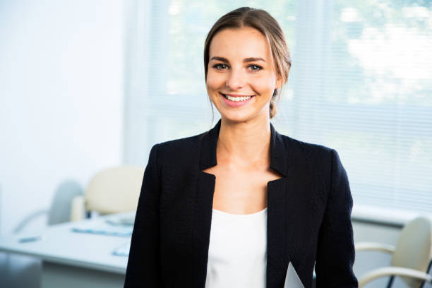 Portrait of cute young business woman stock photo