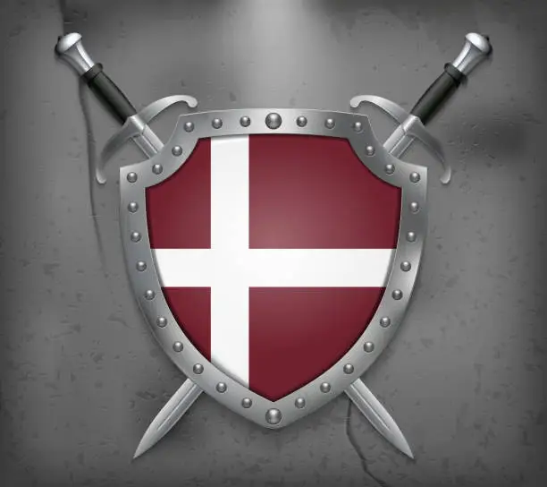 Vector illustration of Denmark Orlogsflaget Variant Flag. The Shield with National Flag. Two Crossed Swords. Vector Medieval Background