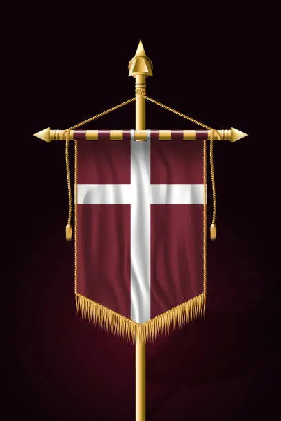 Vector illustration of Denmark Orlogsflaget Variant Flag. Festive Vertical Banner. Wall Hangings with Gold Tassel Fringing