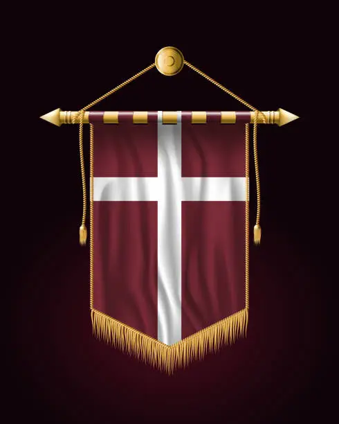 Vector illustration of Denmark Orlogsflaget Variant Flag. Festive Vertical Banner. Wall Hangings with Gold Tassel Fringing