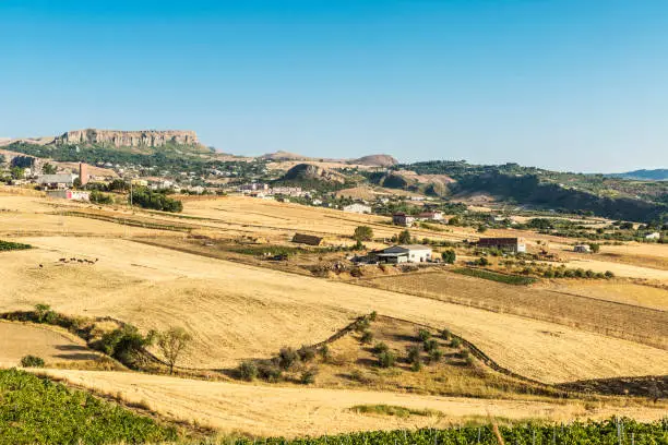 View of Corleone between fields, a town known for associating with the mafia in Sicily, Italy