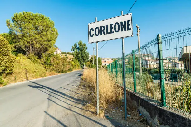 Corleone street sign, a town known for associating with the mafia in Sicily, Italy