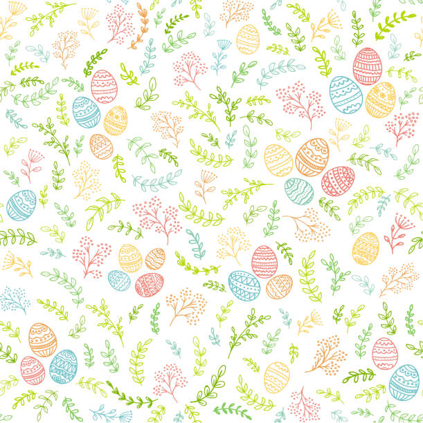 Seamless Easter decorations with colorful eggs and floral elements Seamless Easter decorations with colorful floral elements and decorative eggs on white background, illustration. easter patterns stock illustrations