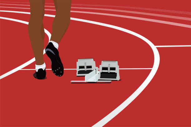 ilustrações de stock, clip art, desenhos animados e ícones de runner athlete and starting blocks on running track stadium - starting line sprinting track and field track event