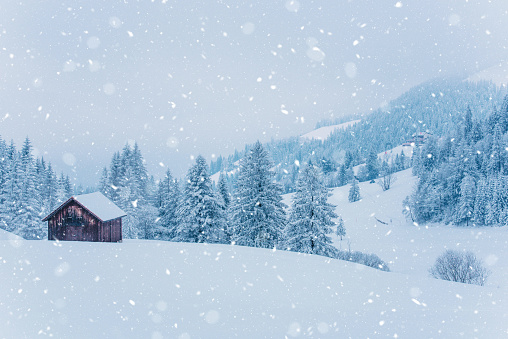 Beautiful winter landscape in the mountains. Cold weather, snow on hills in Sattel Lucerne region Switzerland.