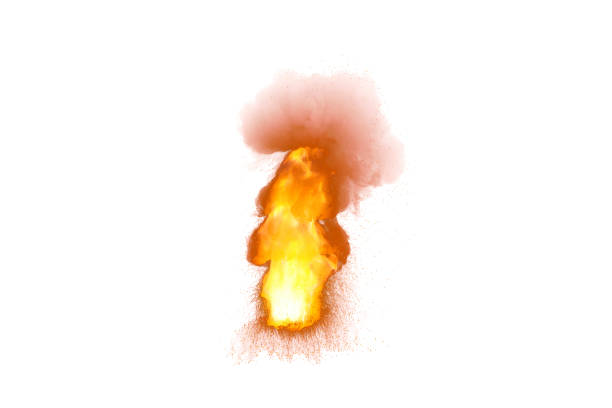 火花と煙が白い背景で隔離の現実的な小さな垂直爆発 - napalm ストックフォトと画像