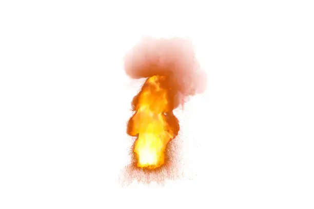 Realistic small vertical explosion with sparks and smoke isolated on white background