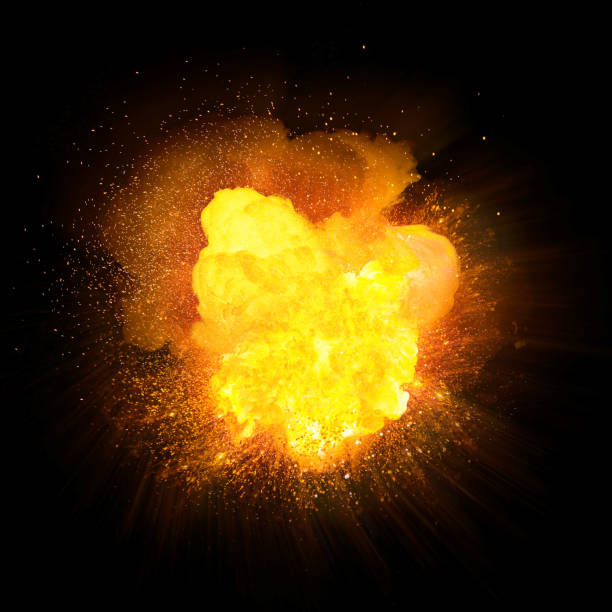 istock Realistic orange fire explosion with sparks isolated on black background 925346590
