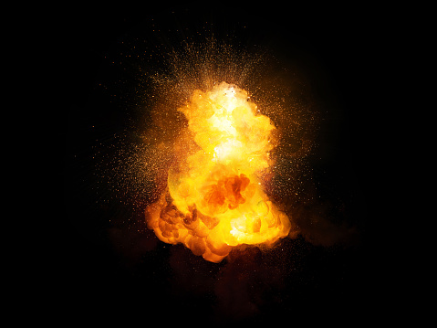 Explosión de la bomba de fuego realista con chispas y humo aislado sobre fondo negro photo