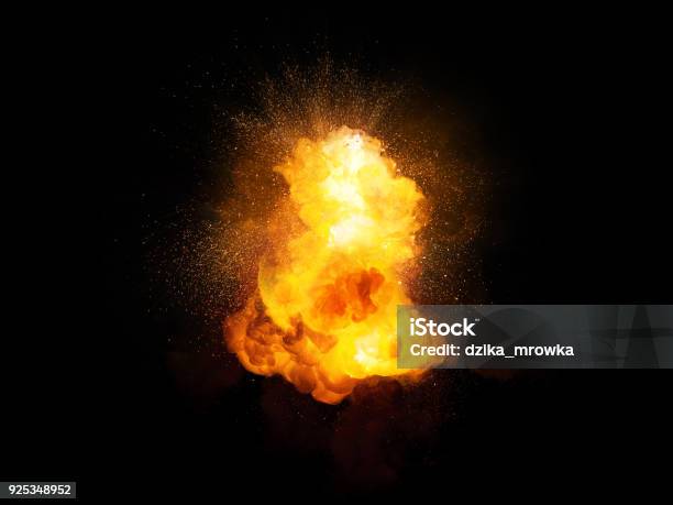 Realistic Fiery Bomb Explosion With Sparks And Smoke Isolated On Black Background Stock Photo - Download Image Now