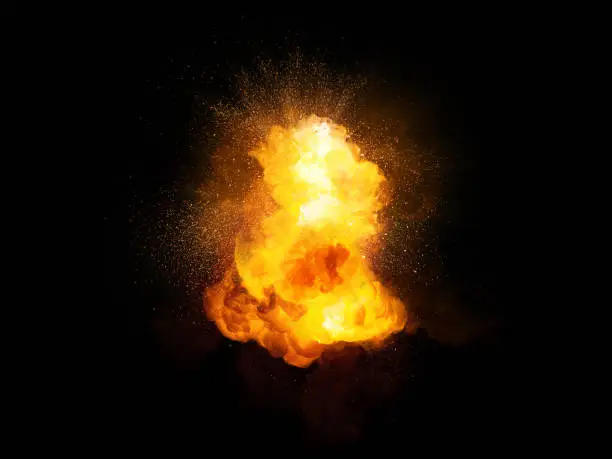 Photo of Realistic fiery bomb explosion with sparks and smoke isolated on black background