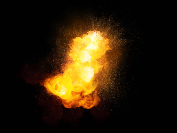 istock Realistic fiery bomb explosion with sparks and smoke isolated on black background 925349004