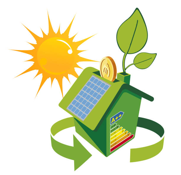 ilustrações de stock, clip art, desenhos animados e ícones de house with solar panel on a roof and sun - greenhouse house built structure green